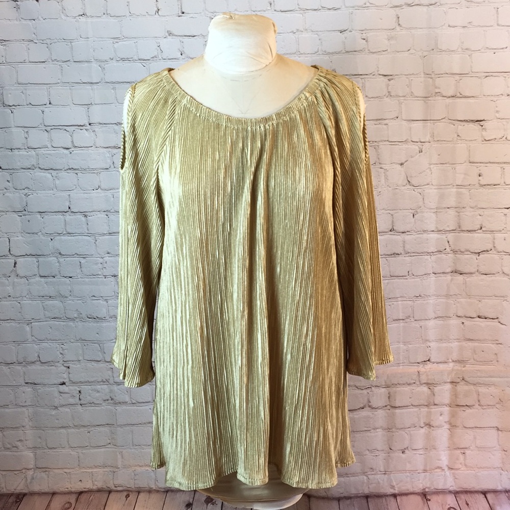 New Directions Metallic Gold Top Long Sleeve Cold Shoulder Tunic Blouse XL